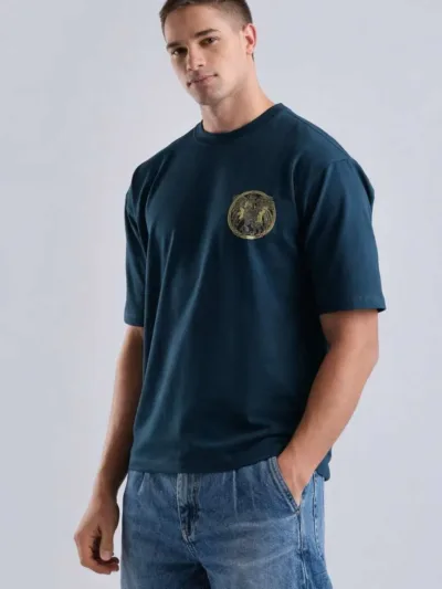 Majestic Griffin Puff Print Oversized T-Shirt – Teal Blue